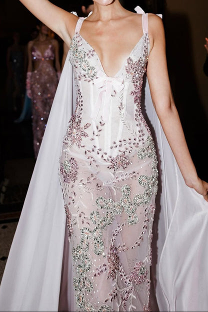 Embellished Corset Cape Gown with Bow Details