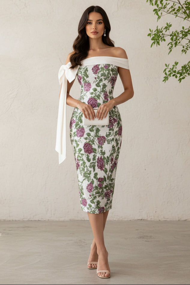 Off Shoulder Floral Jacquard Bow Midi Dress