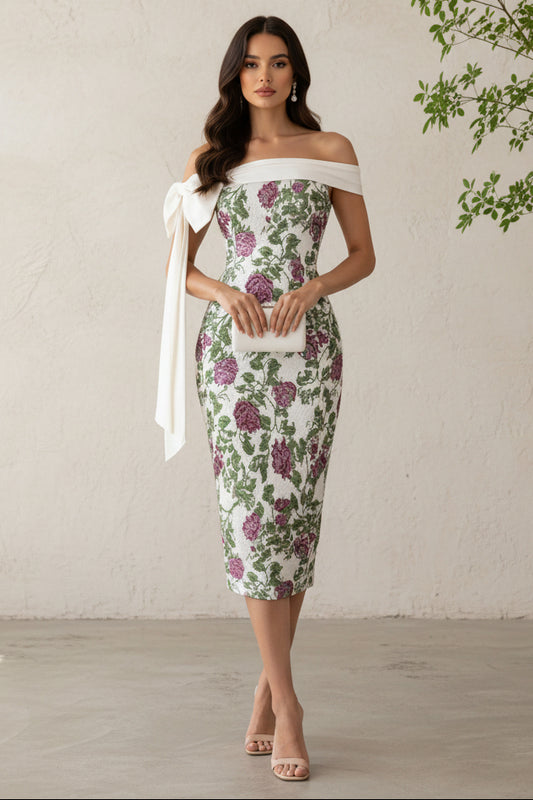 Off Shoulder Floral Jacquard Bow Midi Dress