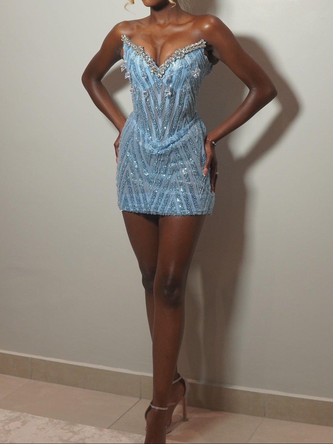 Strapless Rhinestone Embellished Sequin Mini Dress