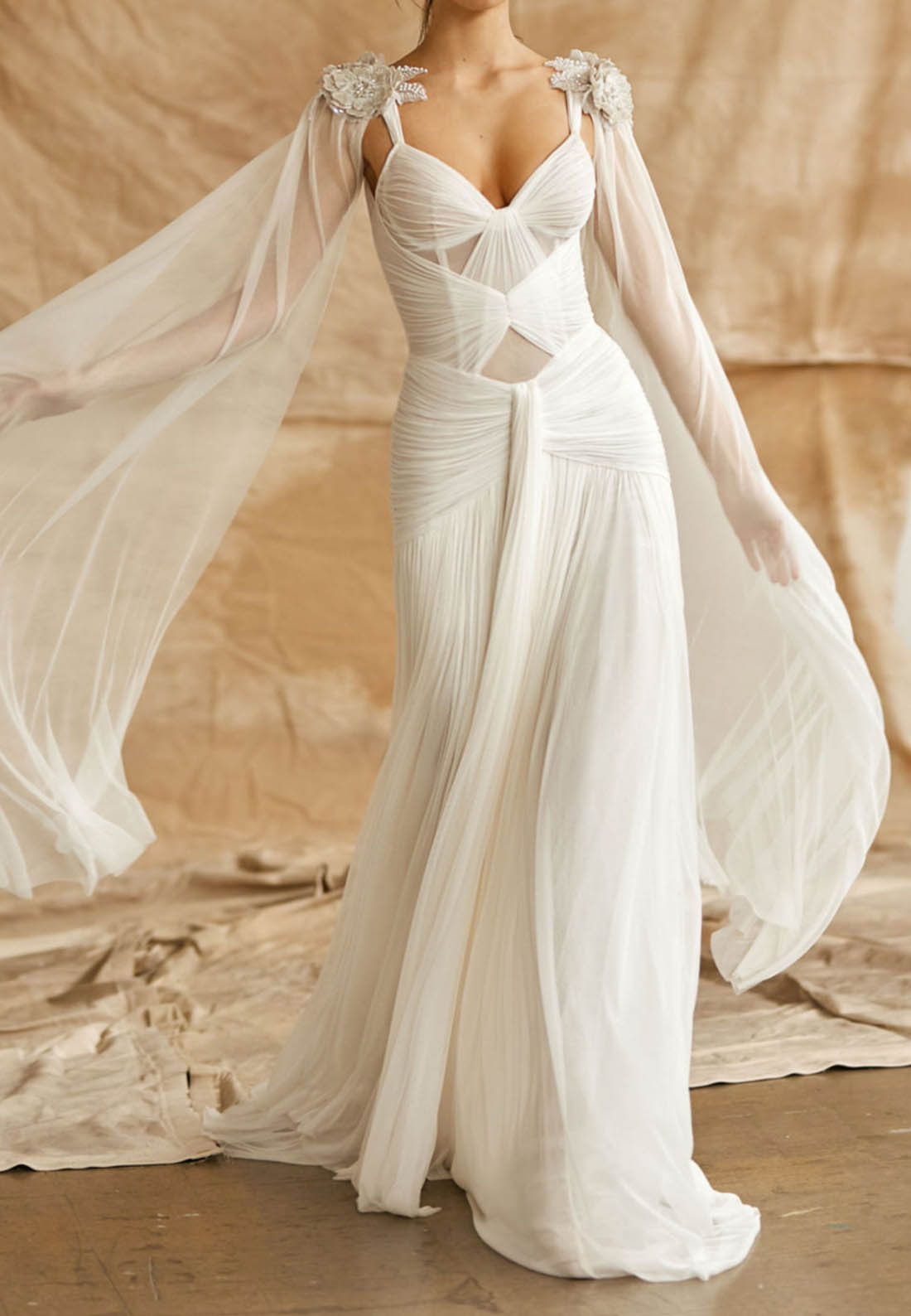 Ruched Chiffon Bridal Gown with Cape Sleeves