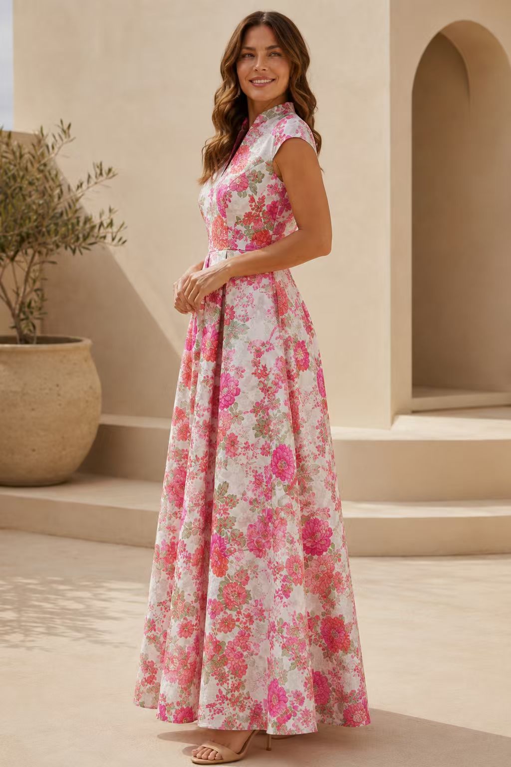 Floral Pleated A-Line Maxi Dress with Cap Sleeves
