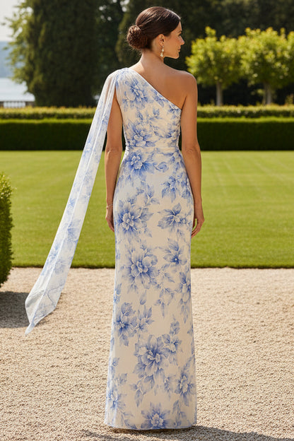 Floral Print One-Shoulder Draped Column Gown