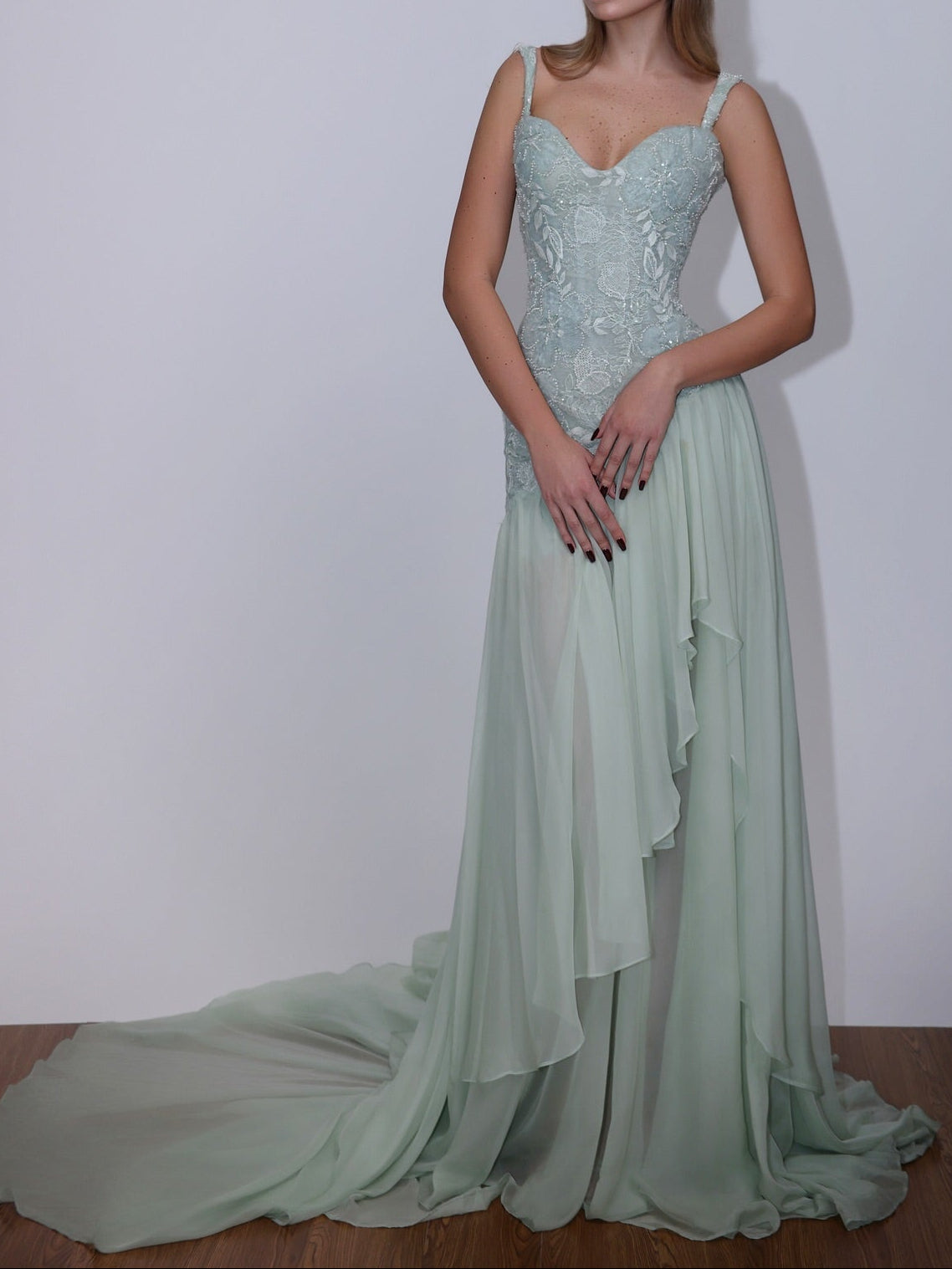 Embroidered Bodice Cascading Tier Evening Gown