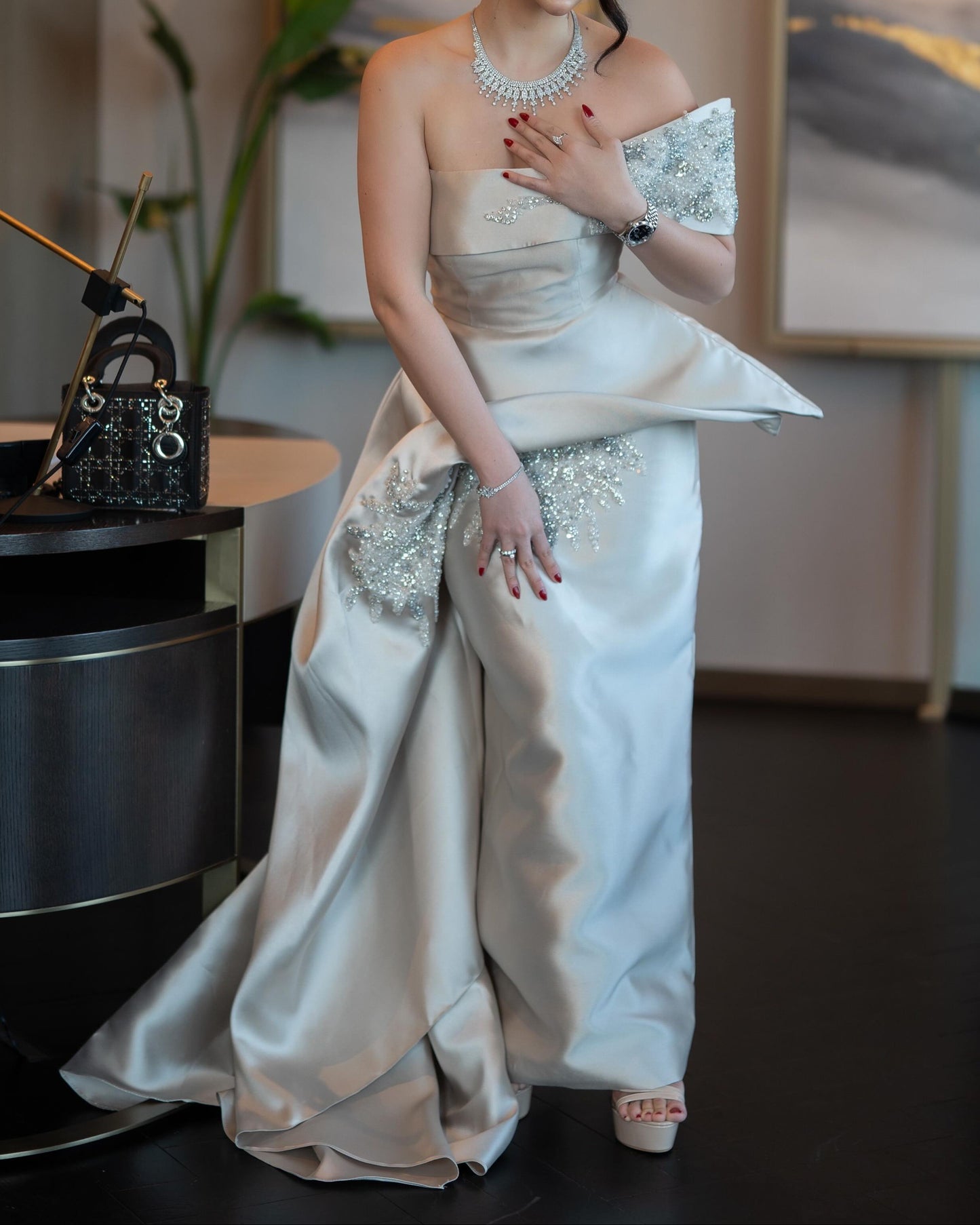 Asymmetrical Beaded Off-the-Shoulder Evening Gown