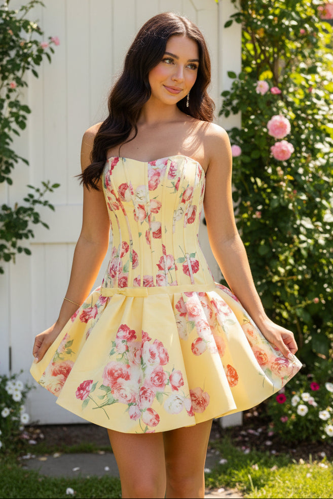 Strapless Floral Corset A-Line Mini Dress