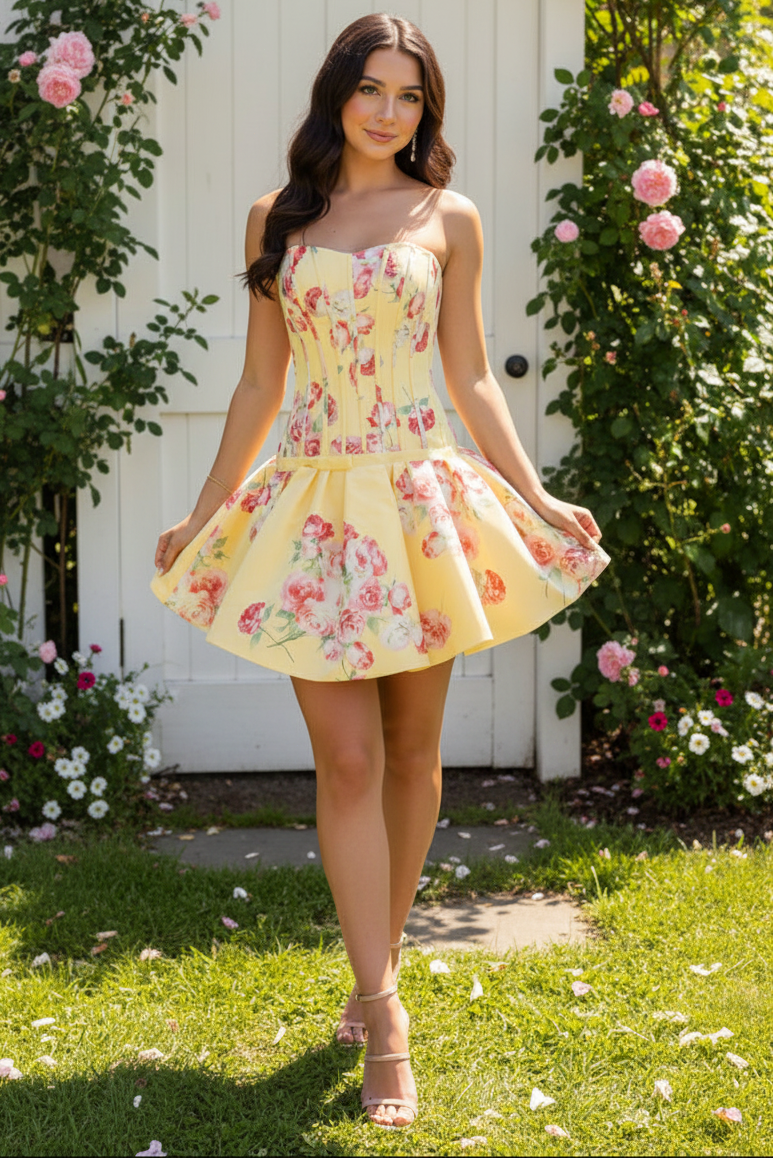 Strapless Floral Corset A-Line Mini Dress
