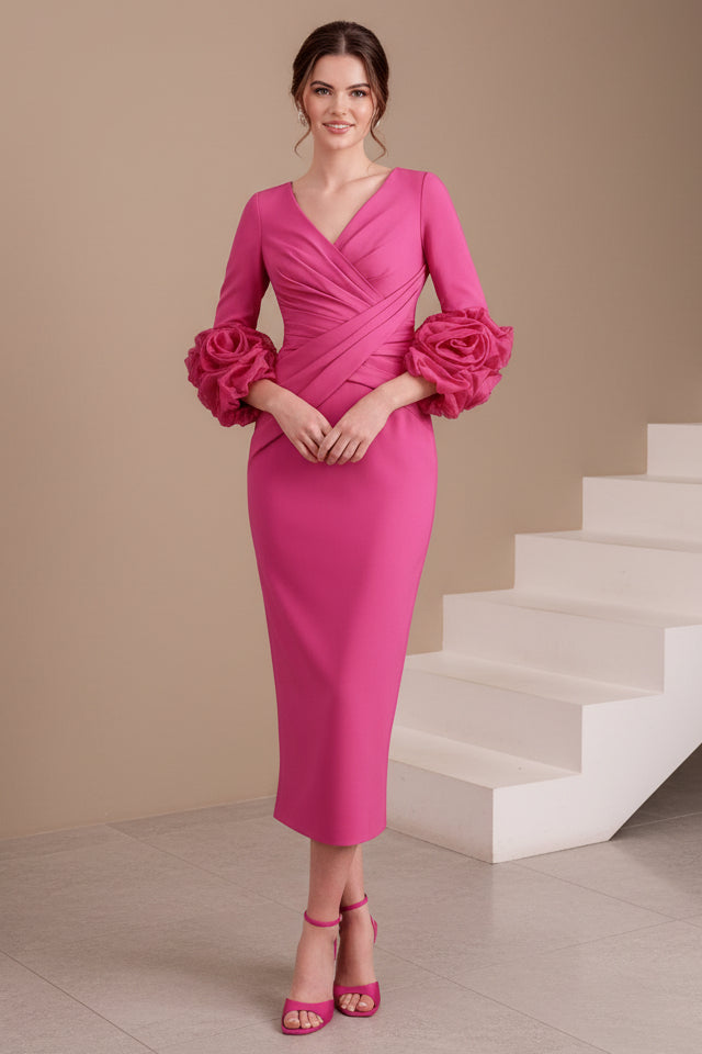 Ruched Midi Sheath Dress with 3D Floral Cuffs