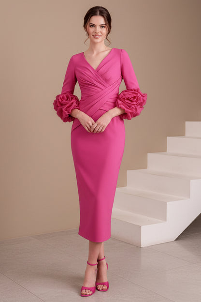 Ruched Midi Sheath Dress with 3D Floral Cuffs