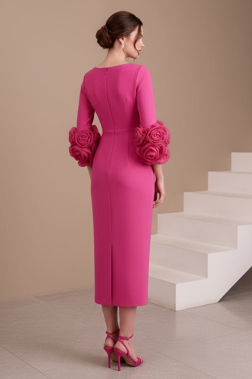 Ruched Midi Sheath Dress with 3D Floral Cuffs