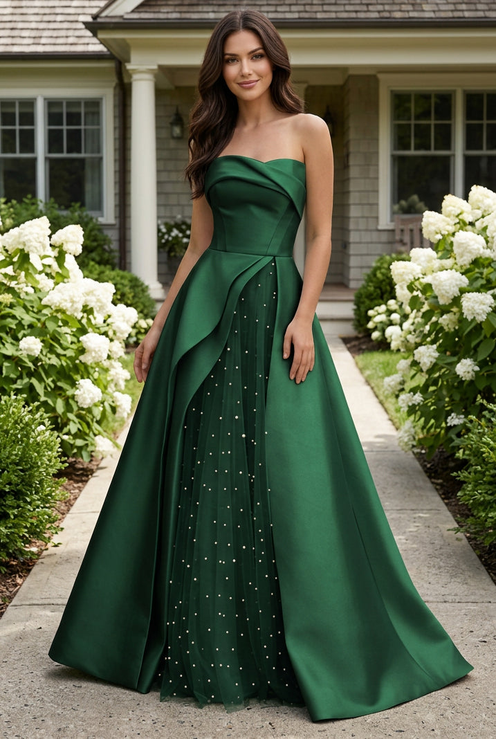 Strapless Satin Ball Gown with Pearl Tulle Split