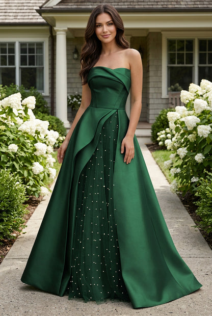Strapless Satin Ball Gown with Pearl Tulle Split