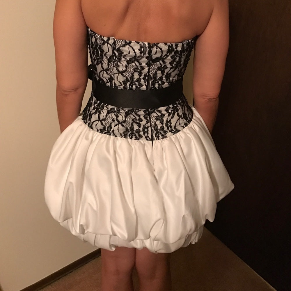 Strapless Lace Bodice Bubble Mini Dress with Sash