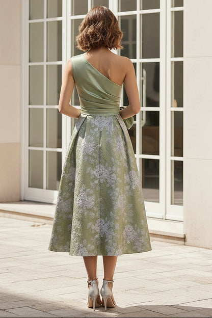 One Shoulder Bow Satin & Jacquard Midi Dress