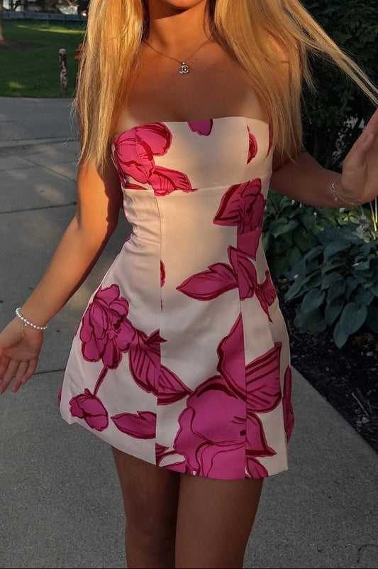 Strapless Floral Print Fit and Flare Mini Dress
