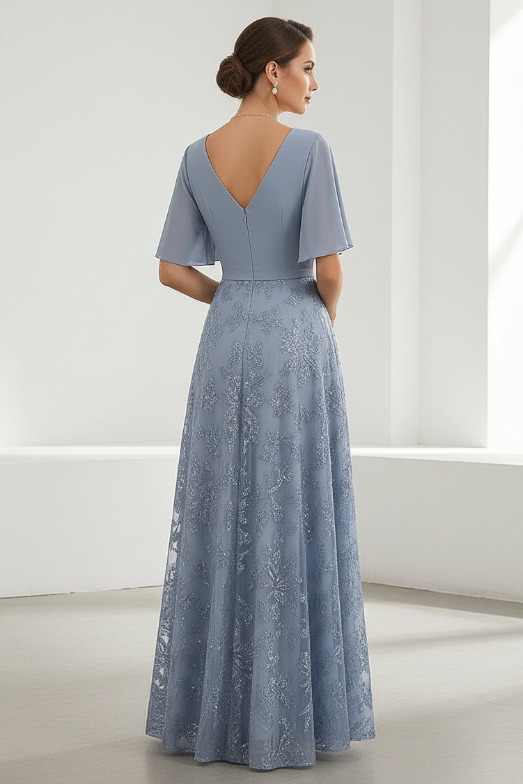 Flutter Sleeve Lace A-Line Evening Gown