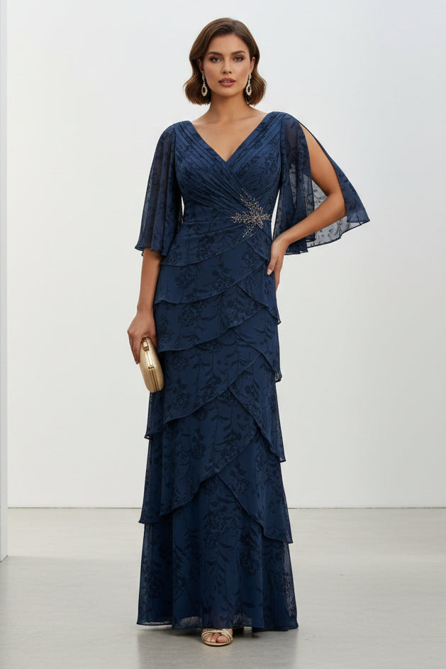 V-Neck Tiered Floral Chiffon Evening Gown