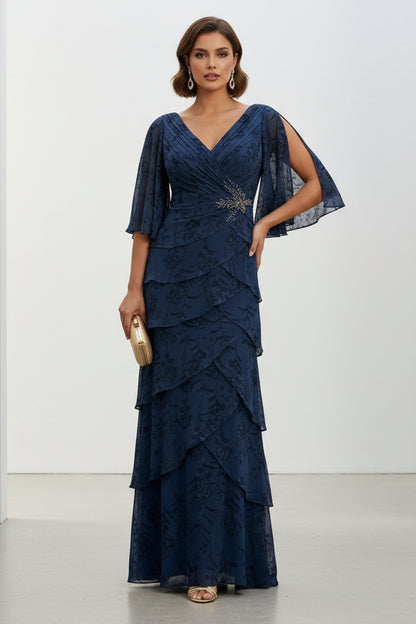 V-Neck Tiered Floral Chiffon Evening Gown