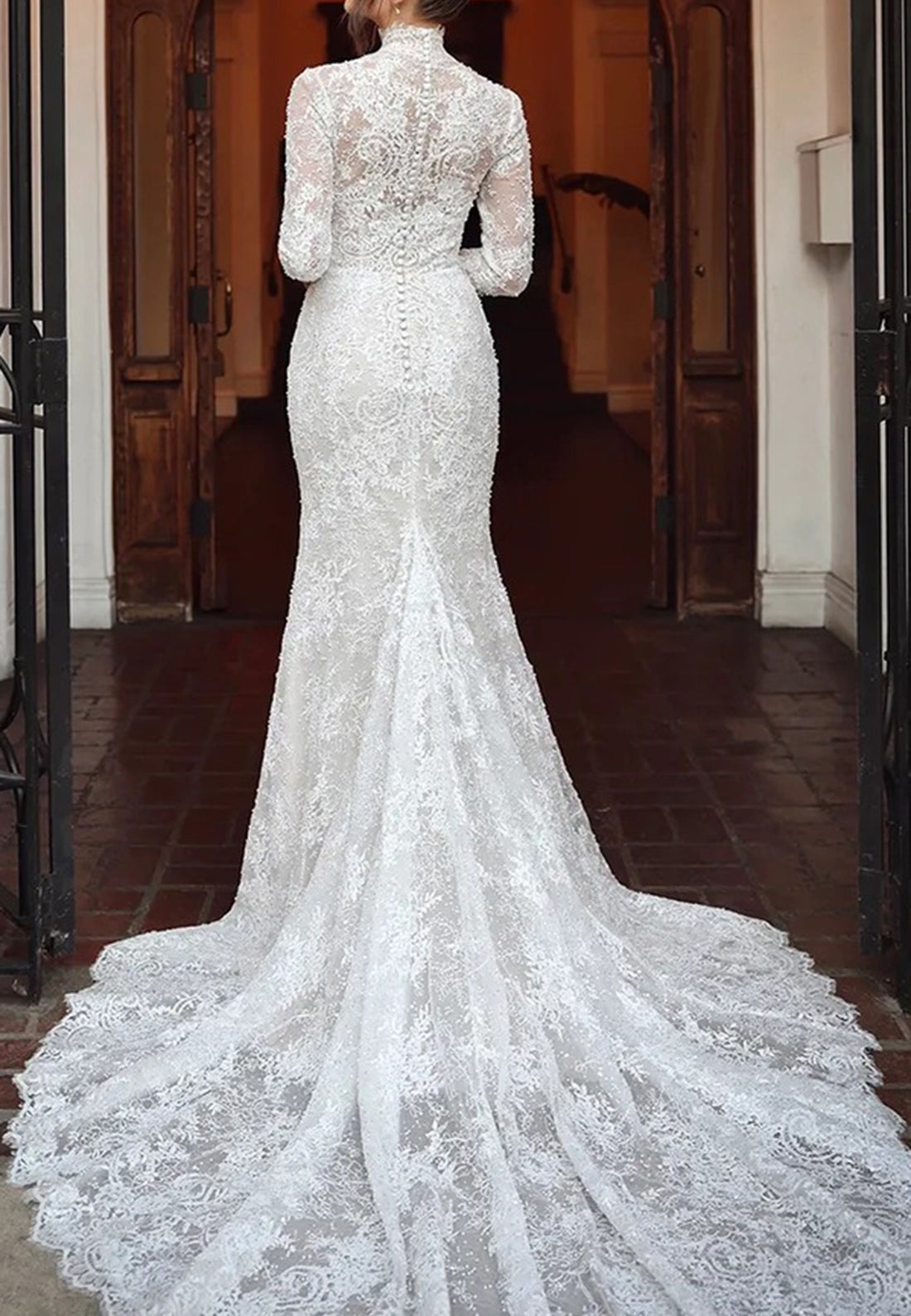 High-Neck Lace Long Sleeve Mermaid Wedding Dress
