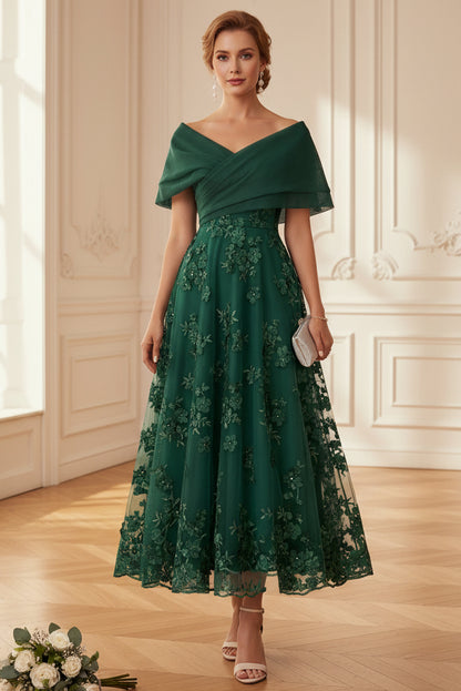 Off-the-Shoulder 3D Floral Tea-Length Dress