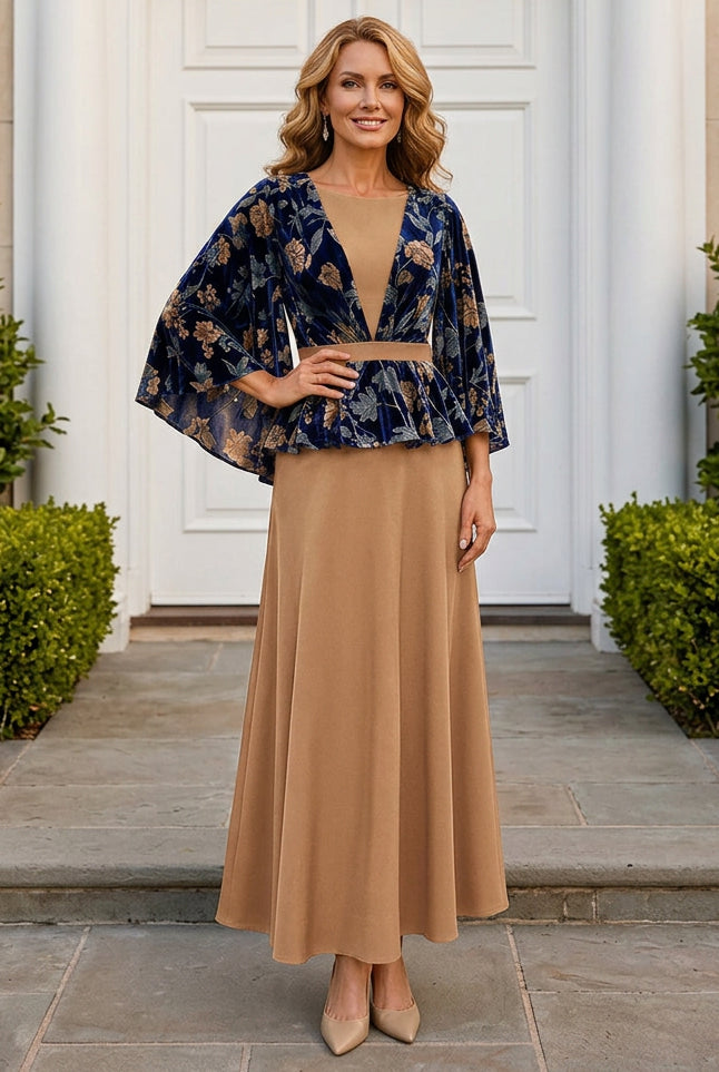 Velvet Floral Cape Overlay Maxi Dress