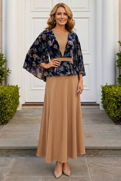 Velvet Floral Cape Overlay Maxi Dress