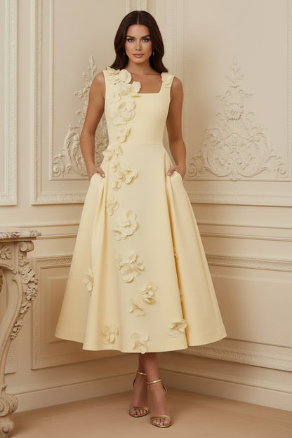 3D Floral Applique Midi A-Line Dress