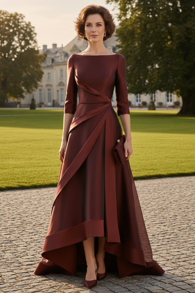 High-Low Pleated Satin Gown with 3/4 Sleeves