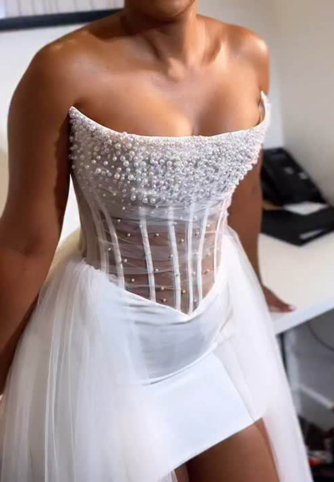 Pearl Corset Mini Wedding Dress with Tulle Train