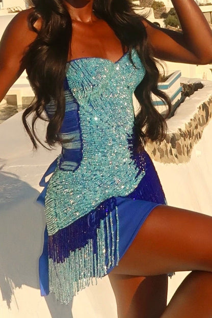 Strapless Beaded Fringe Mini Dress