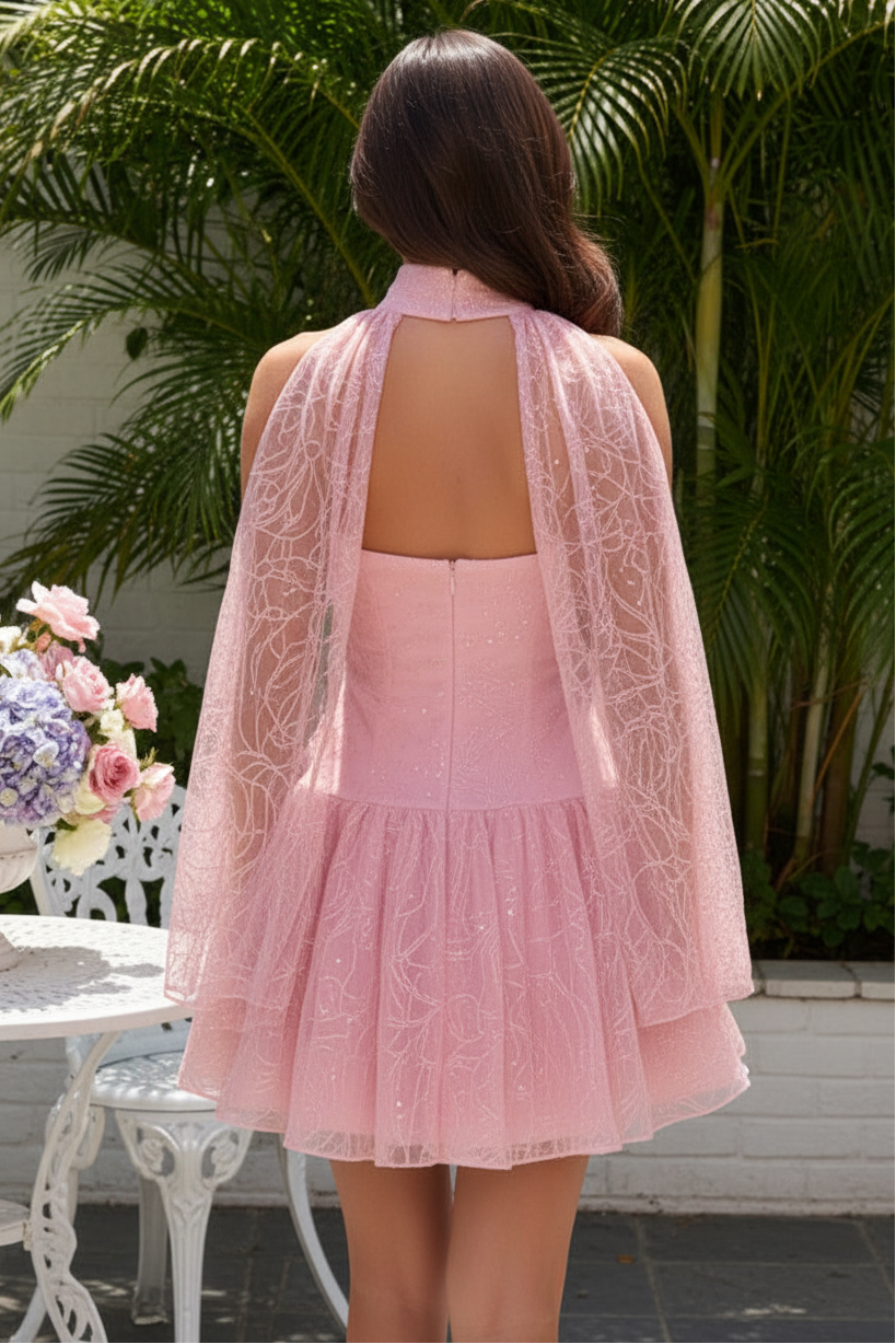 Sequin Mesh Mini Dress with 3D Flower Halter Neckline