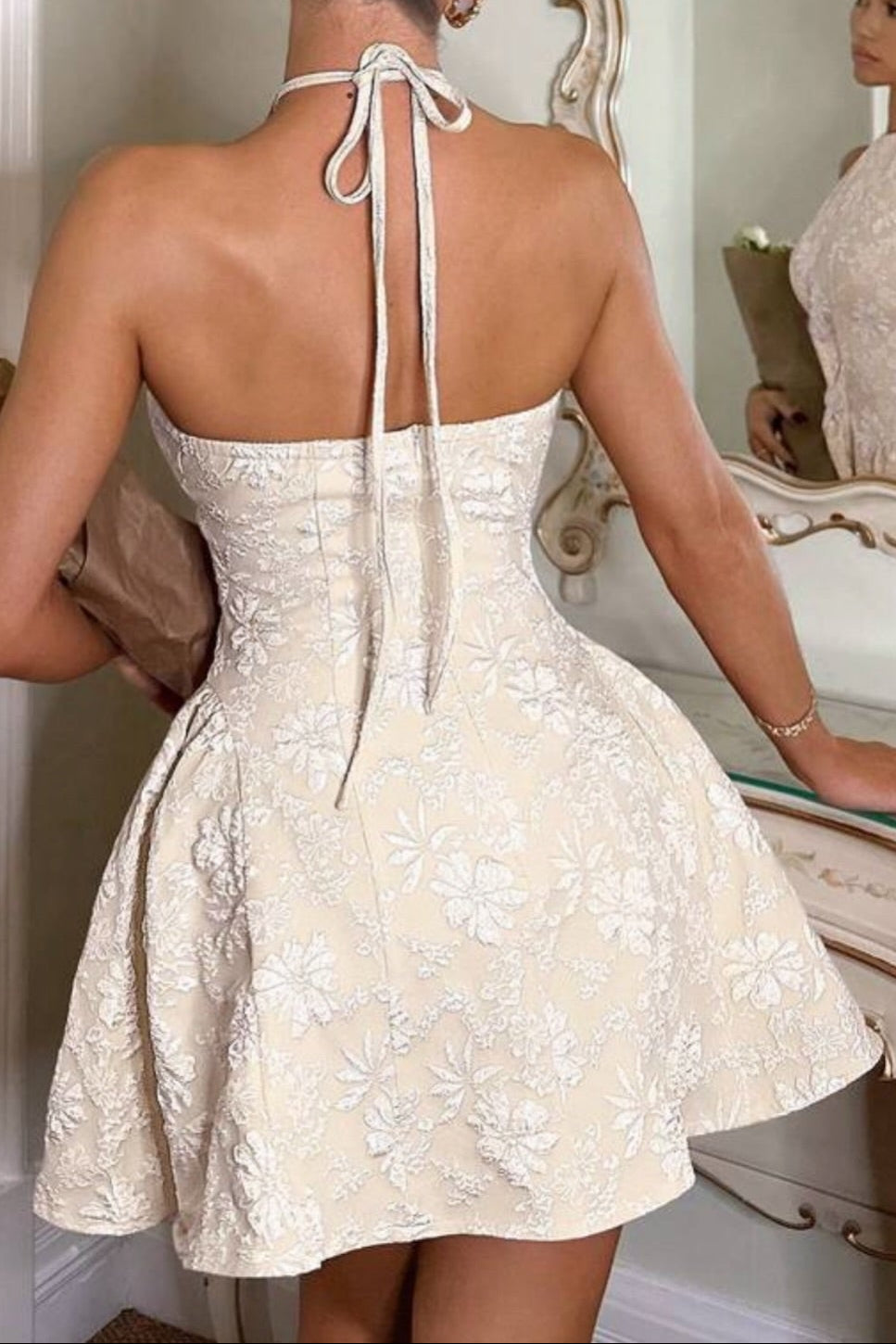 Floral Jacquard Halter Mini Dress