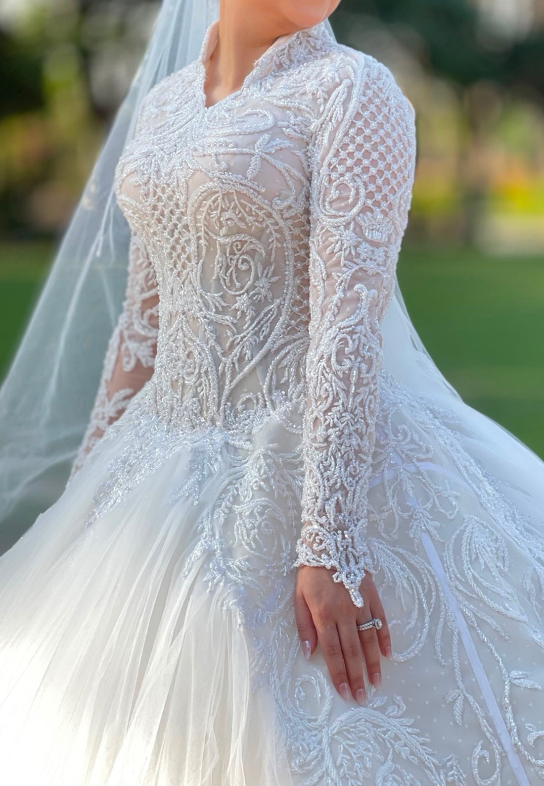 Embroidered Ball Gown Wedding Dress with Long Sleeves