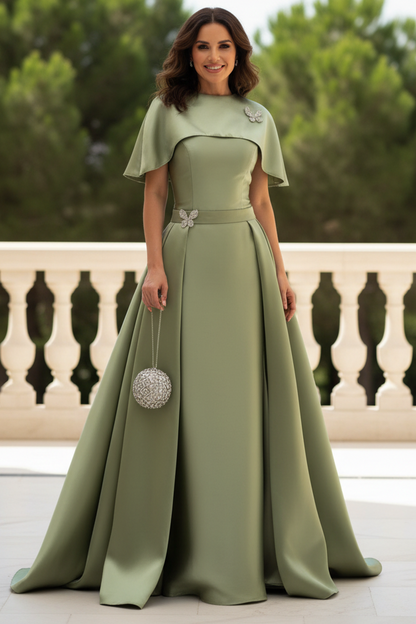 Cape Sleeve Satin A-Line Gown with Waist Belt