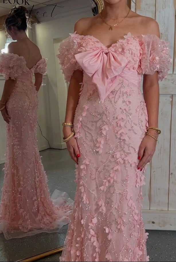 3D Floral Sequin Gown with Bow Accent