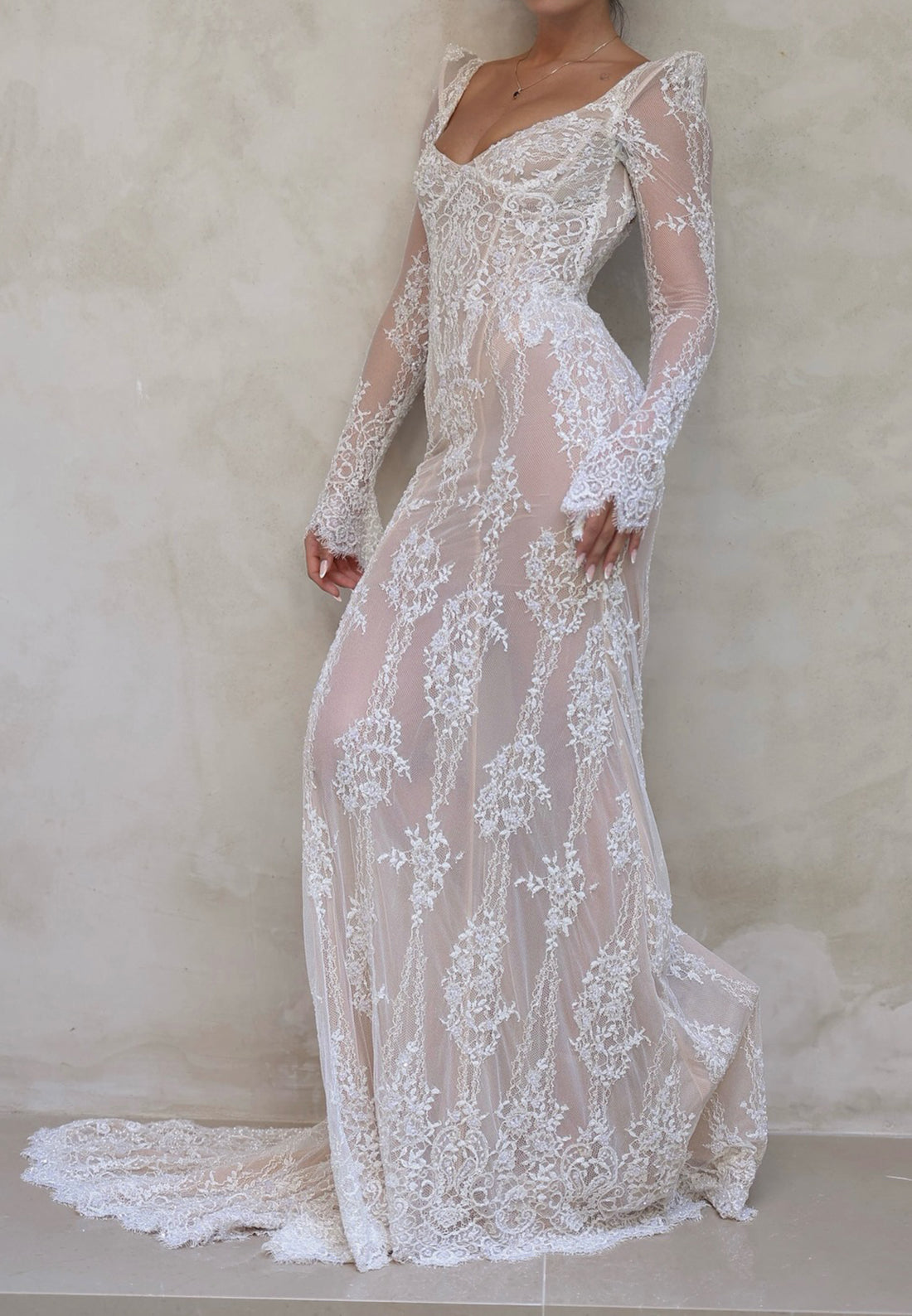 Long Sleeve Lace Sheath Wedding Dress with Train