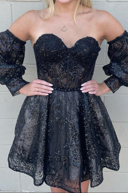 Off Shoulder Puff Sleeve Sequin Lace Mini Dress