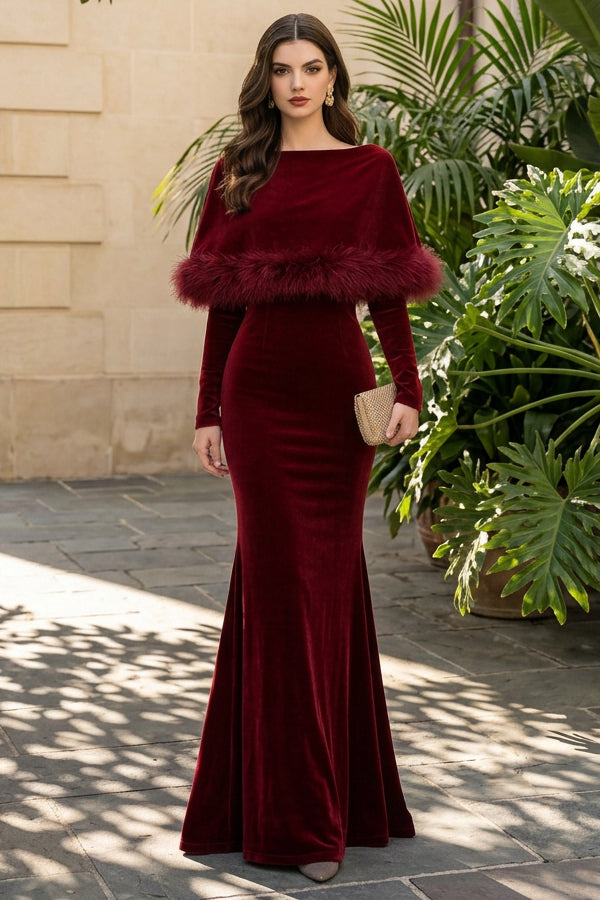 Velvet Mermaid Gown with Feather Trim Cape