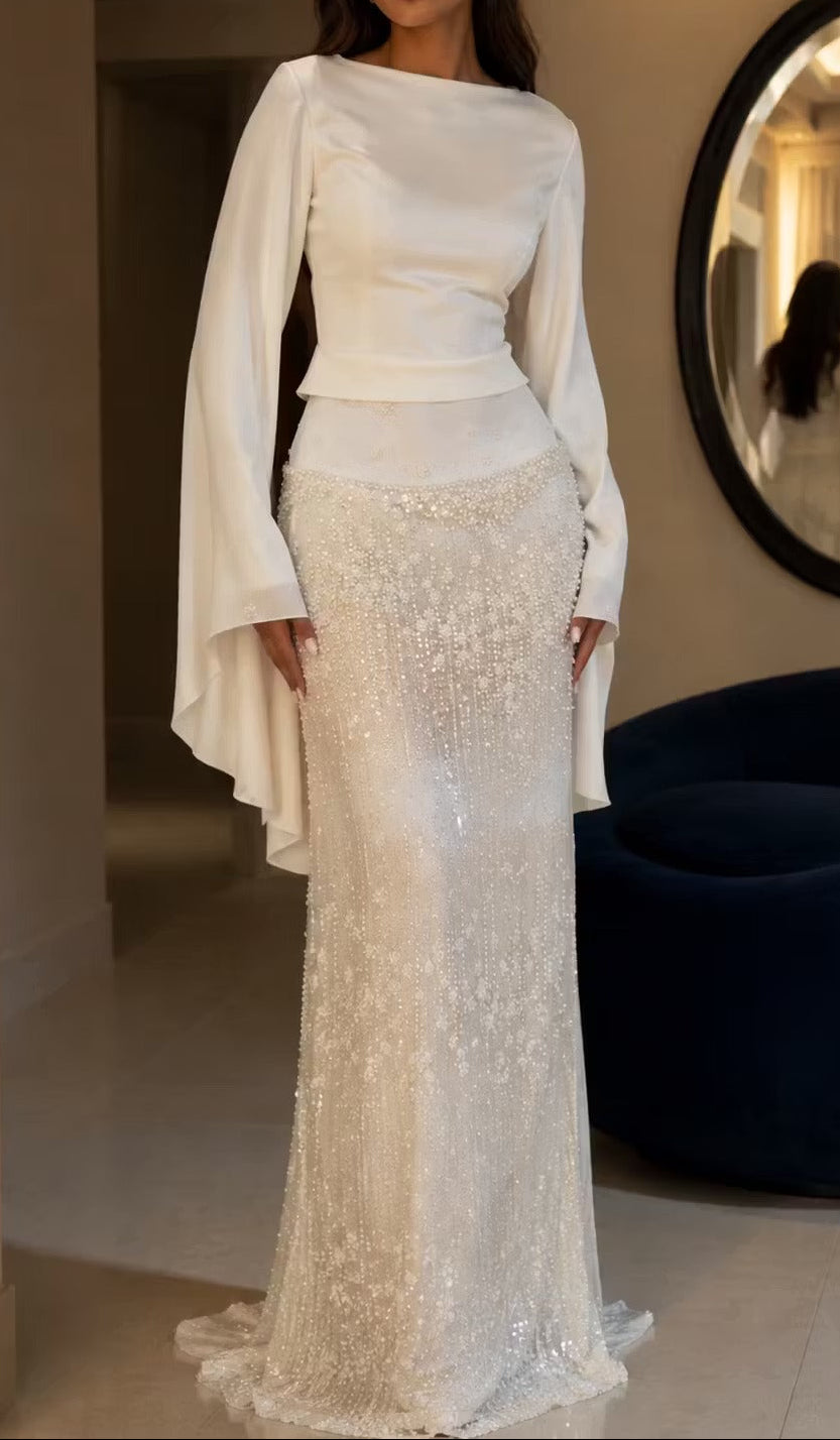 Bateau Neck Bell Sleeve Gown with Beaded Skirt