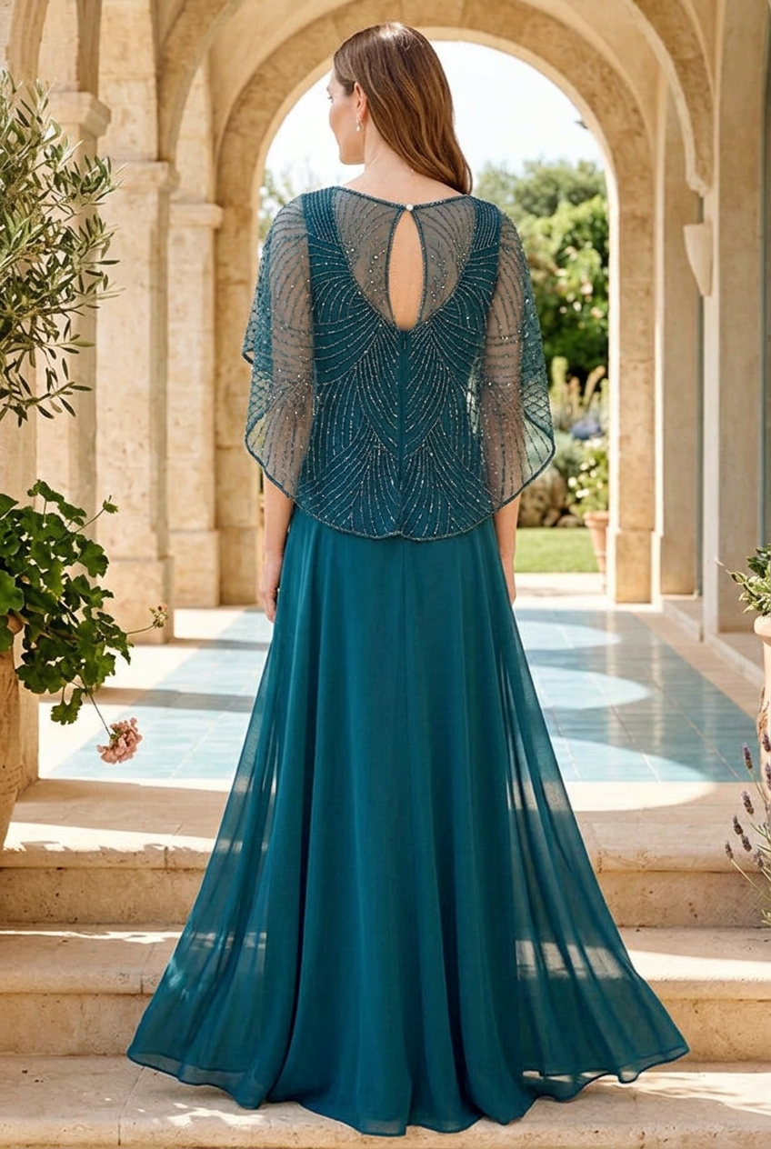Beaded Capelet V-Neck Maxi Evening Gown