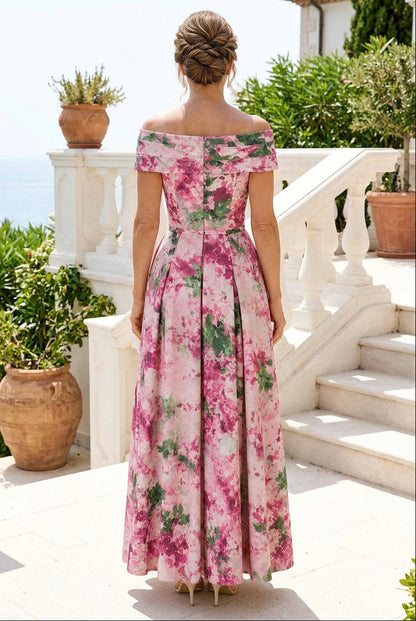 Floral Print Off-the-Shoulder Gown with Overskirt