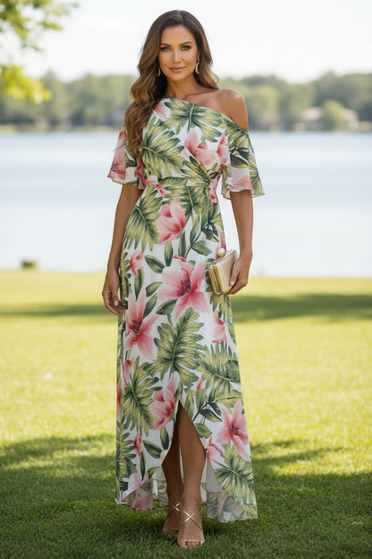 Asymmetrical One-Shoulder Floral Wrap Maxi Dress