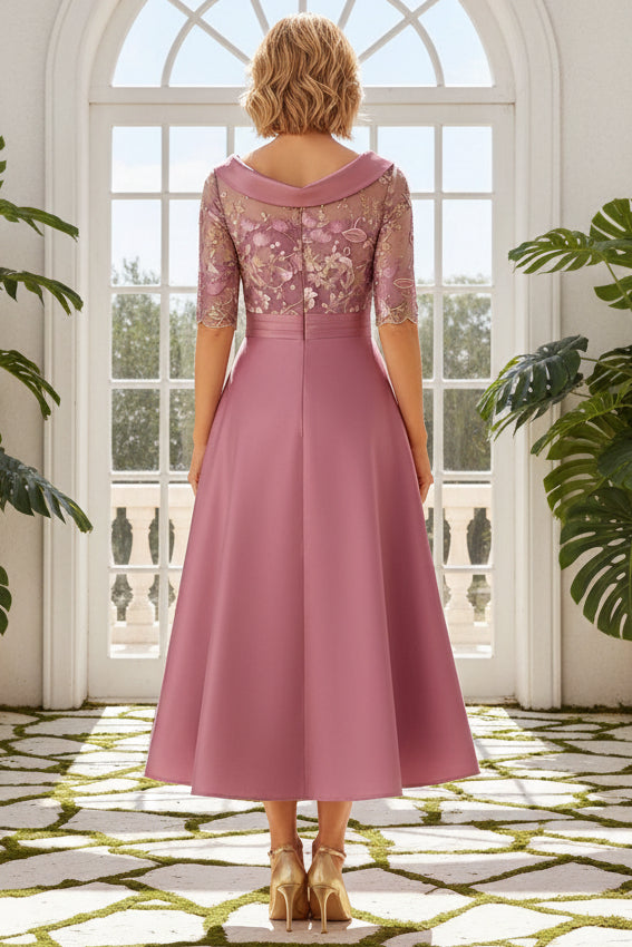 Elegant Lace Satin Bateau Neck Midi Dress
