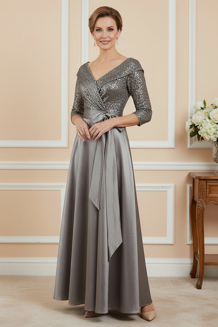 A-Line Sequin and Satin Evening Gown
