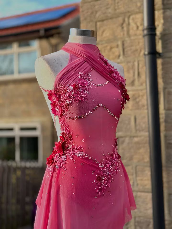 Asymmetrical Halter Neck Mini Dress with 3D Flowers