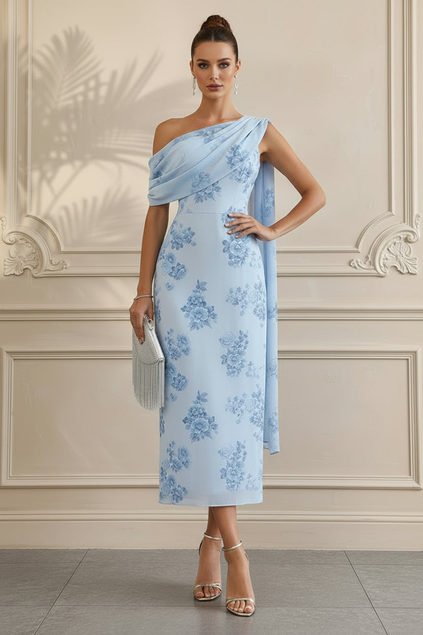 Floral One-Shoulder Drape Midi Dress with Cape