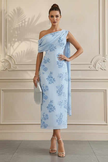 Floral One-Shoulder Drape Midi Dress with Cape