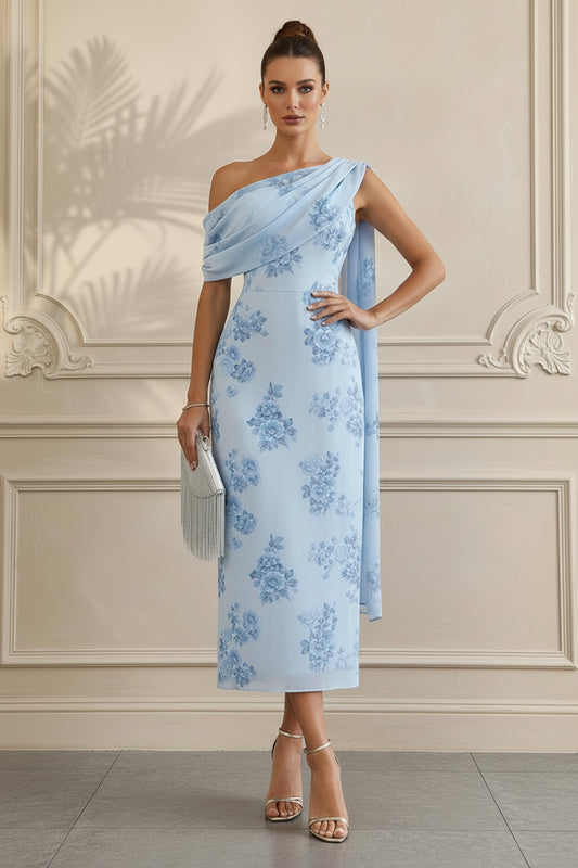 Floral One-Shoulder Drape Midi Dress with Cape