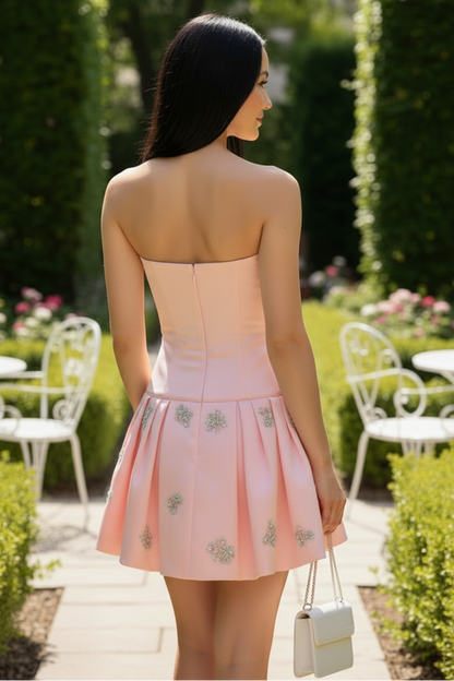 Strapless Satin Pleated Mini Dress with Crystal Accents