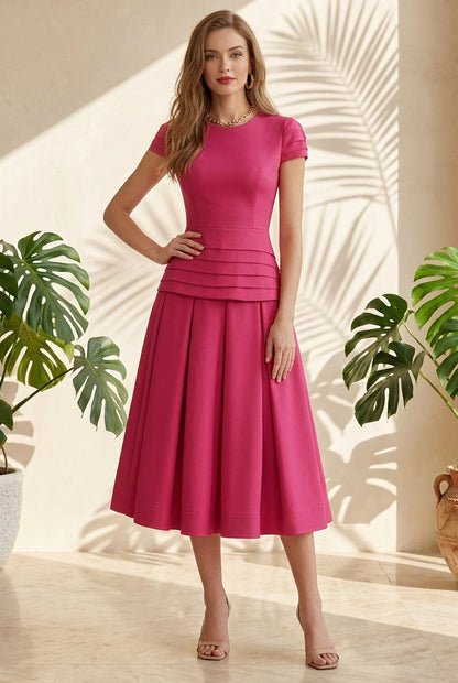 Tiered Waist Pleated Midi Dress with Cap Sleeves